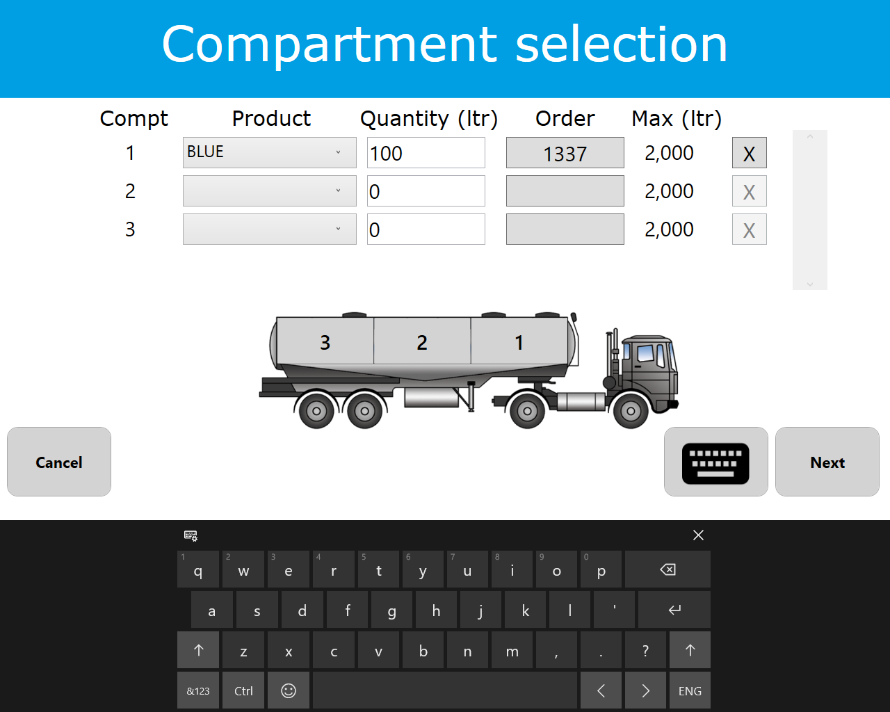 truck and trailer 01 SmartTAS Kiosk compartment selection screen